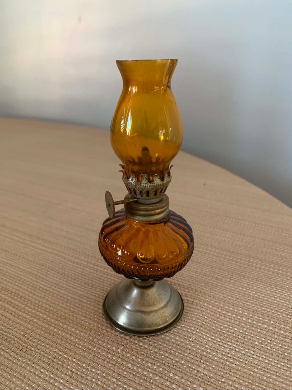 Vintage Miniature Amber Glass Oil Lamp Metal Base 5” Tall